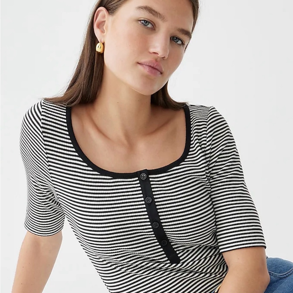 J.Crew Vintage rib henley T-shirt in stripe black and white stripe sz M